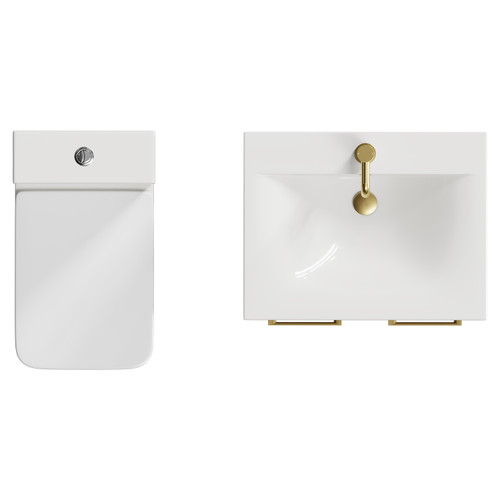 Alessio Tobacco Oak 600mm Vanity Unit and Toilet Suite including Open Back Toilet and Floor Standing Vanity Unit with 2 Doors and Brushed Brass Handles View from Top