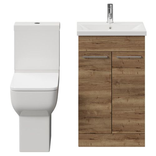 Alessio Tobacco Oak 500mm Vanity Unit and Toilet Suite including Comfort Height Toilet and Floor Standing Vanity Unit with 2 Doors and Chrome Handles View from Front