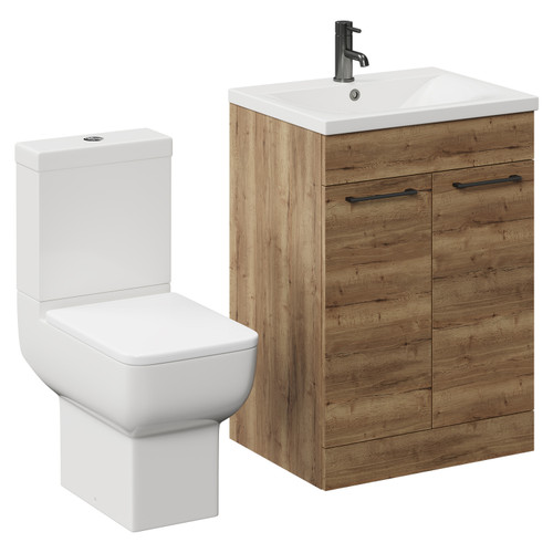 Alessio Tobacco Oak 600mm Vanity Unit and Toilet Suite including Open Back Toilet and Floor Standing Vanity Unit with 2 Doors and Gunmetal Grey Handles Left Hand View
