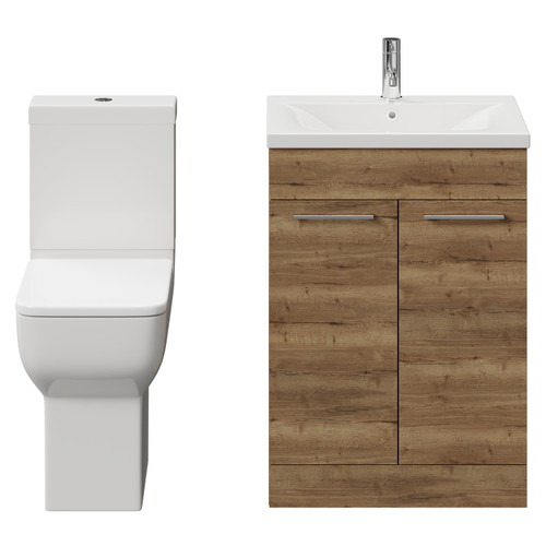 Alessio Tobacco Oak 600mm Vanity Unit and Toilet Suite including Comfort Height Toilet and Floor Standing Vanity Unit with 2 Doors and Chrome Handles View from Front