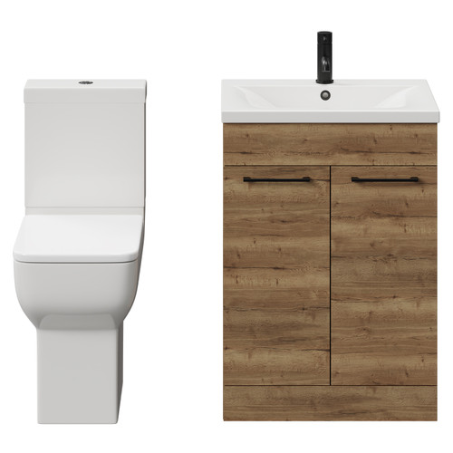 Alessio Tobacco Oak 600mm Vanity Unit and Toilet Suite including Comfort Height Toilet and Floor Standing Vanity Unit with 2 Doors and Matt Black Handles View from Front Alessio Tobacco Oak 600mm Vanity Unit and Toilet Suite including Comfort Height Toilet and Floor Standing Vanity Unit with 2 Doors and Matt Black Handles View from Front