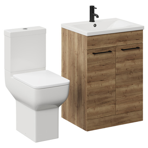 Alessio Tobacco Oak 600mm Vanity Unit and Toilet Suite including Comfort Height Toilet and Floor Standing Vanity Unit with 2 Doors and Matt Black Handles Left Hand View Alessio Tobacco Oak 600mm Vanity Unit and Toilet Suite including Comfort Height Toilet and Floor Standing Vanity Unit with 2 Doors and Matt Black Handles Left Hand View