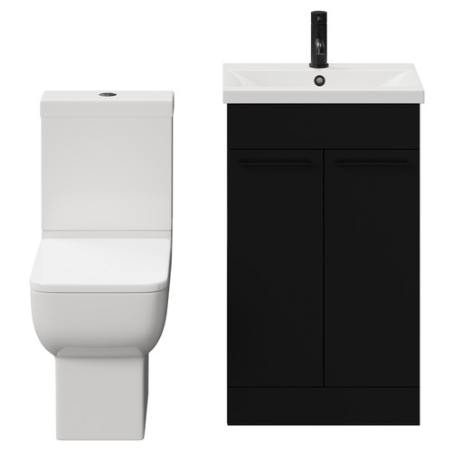 Alessio Matt Black 500mm Vanity Unit and Toilet Suite including Open Back Toilet and Floor Standing Vanity Unit with 2 Doors and Matt Black Handles View from Front