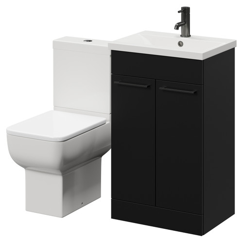 Alessio Matt Black 500mm Vanity Unit and Toilet Suite including Open Back Toilet and Floor Standing Vanity Unit with 2 Doors and Gunmetal Grey Handles Right Hand View