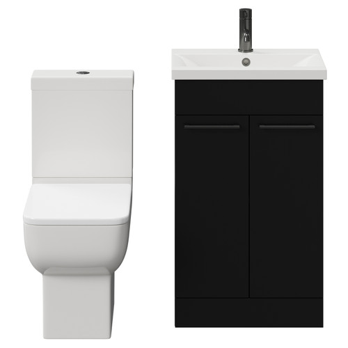 Alessio Matt Black 500mm Vanity Unit and Toilet Suite including Open Back Toilet and Floor Standing Vanity Unit with 2 Doors and Gunmetal Grey Handles View from Front