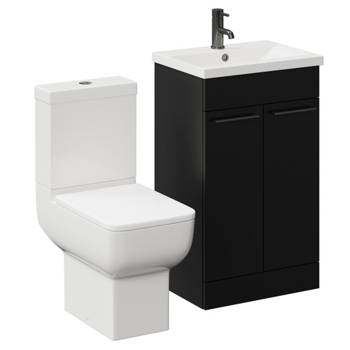 Alessio Matt Black 500mm Vanity Unit and Toilet Suite including Open Back Toilet and Floor Standing Vanity Unit with 2 Doors and Gunmetal Grey Handles Left Hand View
