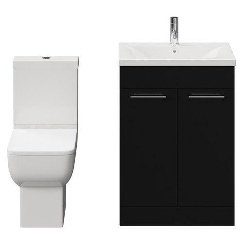 Alessio Matt Black 600mm Vanity Unit and Toilet Suite including Open Back Toilet and Floor Standing Vanity Unit with 2 Doors and Chrome Handles View from Front