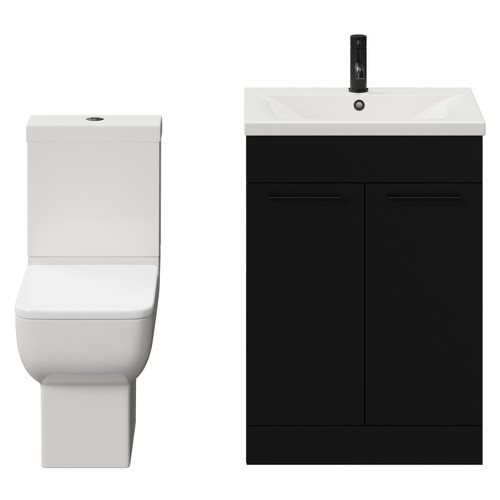Alessio Matt Black 600mm Vanity Unit and Toilet Suite including Open Back Toilet and Floor Standing Vanity Unit with 2 Doors and Matt Black Handles View from Front