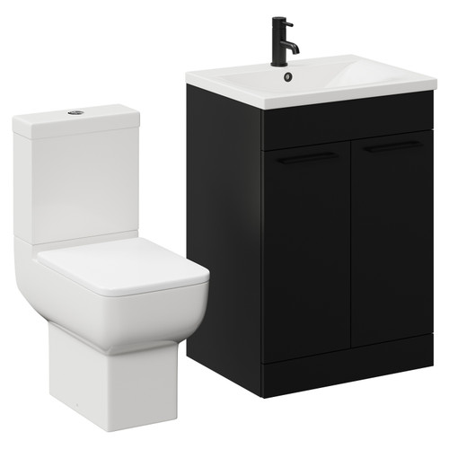 Alessio Matt Black 600mm Vanity Unit and Toilet Suite including Open Back Toilet and Floor Standing Vanity Unit with 2 Doors and Matt Black Handles Left Hand View