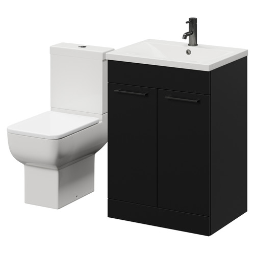 Alessio Matt Black 600mm Vanity Unit and Toilet Suite including Open Back Toilet and Floor Standing Vanity Unit with 2 Doors and Gunmetal Grey Handles Right Hand View