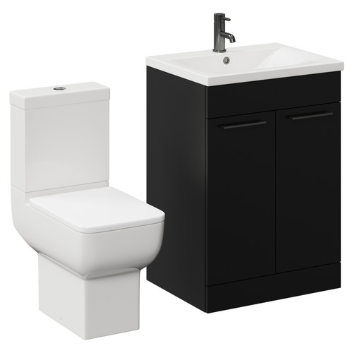 Alessio Matt Black 600mm Vanity Unit and Toilet Suite including Open Back Toilet and Floor Standing Vanity Unit with 2 Doors and Gunmetal Grey Handles Left Hand View