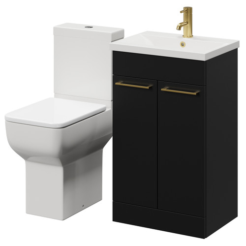 Alessio Matt Black 500mm Vanity Unit and Toilet Suite including Comfort Height Toilet and Floor Standing Vanity Unit with 2 Doors and Brushed Brass Handles Right Hand View