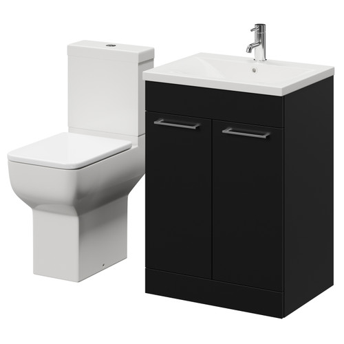 Alessio Matt Black 600mm Vanity Unit and Toilet Suite including Comfort Height Toilet and Floor Standing Vanity Unit with 2 Doors and Chrome Handles Right Hand View