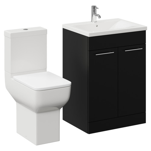 Alessio Matt Black 600mm Vanity Unit and Toilet Suite including Comfort Height Toilet and Floor Standing Vanity Unit with 2 Doors and Chrome Handles Left Hand View