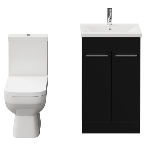 Turin Matt Black 500mm Floor Standing Vanity Unit and Toilet Suite with 1 Tap Hole Glide Basin and 2 Doors with Chrome Handles View from Front