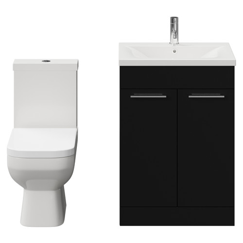 Turin Matt Black 600mm Floor Standing Vanity Unit and Toilet Suite with 1 Tap Hole Glide Basin and 2 Doors with Chrome Handles View from Front