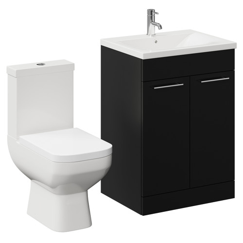 Turin Matt Black 600mm Floor Standing Vanity Unit and Toilet Suite with 1 Tap Hole Glide Basin and 2 Doors with Chrome Handles Left Hand View