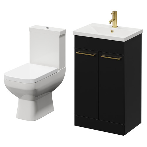 Turin Matt Black 500mm Floor Standing Vanity Unit and Toilet Suite with 1 Tap Hole Glide Basin and 2 Doors with Brushed Brass Handles Right Hand View