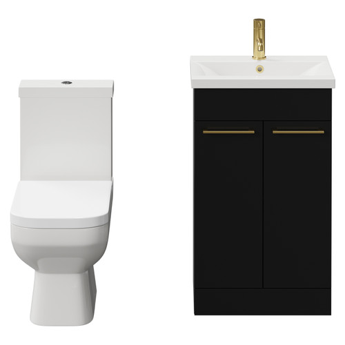 Turin Matt Black 500mm Floor Standing Vanity Unit and Toilet Suite with 1 Tap Hole Glide Basin and 2 Doors with Brushed Brass Handles View from Front