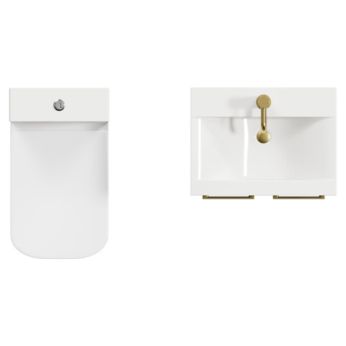 Turin Matt Black 500mm Floor Standing Vanity Unit and Toilet Suite with 1 Tap Hole Glide Basin and 2 Doors with Brushed Brass Handles View from Top