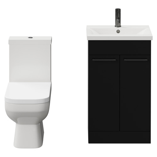 Turin Matt Black 500mm Floor Standing Vanity Unit and Toilet Suite with 1 Tap Hole Glide Basin and 2 Doors with Gunmetal Grey Handles View from Front