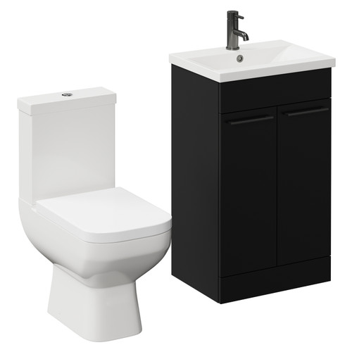 Turin Matt Black 500mm Floor Standing Vanity Unit and Toilet Suite with 1 Tap Hole Glide Basin and 2 Doors with Gunmetal Grey Handles Left Hand View