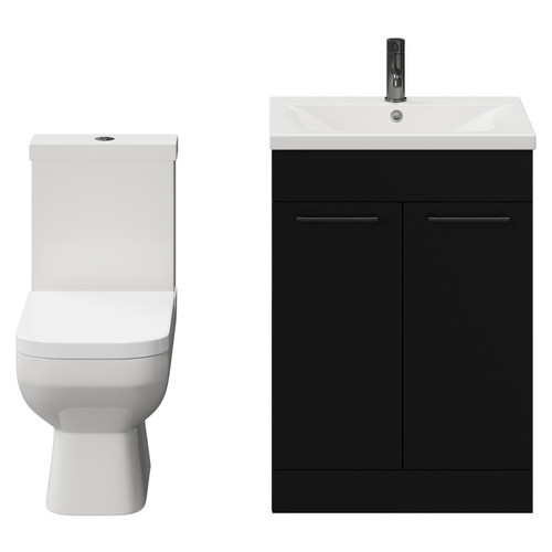 Turin Matt Black 600mm Floor Standing Vanity Unit and Toilet Suite with 1 Tap Hole Glide Basin and 2 Doors with Gunmetal Grey Handles View from Front
