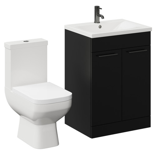 Turin Matt Black 600mm Floor Standing Vanity Unit and Toilet Suite with 1 Tap Hole Glide Basin and 2 Doors with Gunmetal Grey Handles Left Hand View