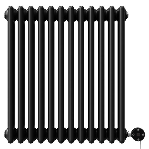 Colosseum Colore Matt Black 600mm x 548mm Horizontal Digital Thermostatic Electric Quadruple Column Radiator View from Front
