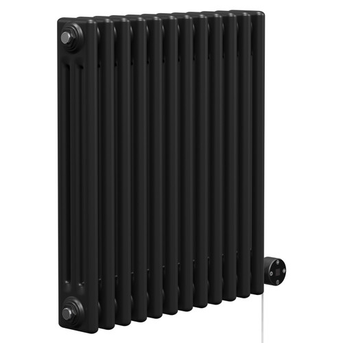 Colosseum Colore Matt Black 600mm x 554mm Horizontal Digital Thermostatic Electric Triple Column Radiator Left Hand View