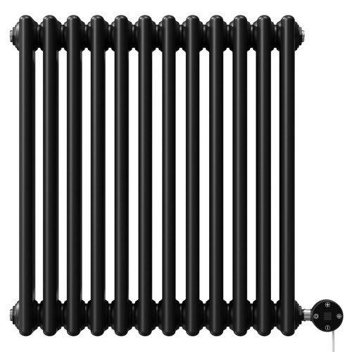 Colosseum Colore Matt Black 600mm x 554mm Horizontal Digital Thermostatic Electric Triple Column Radiator Front View