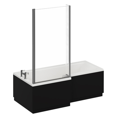 Loire 1700mm Left Hand L Shaped Shower Bath with Bath Screen and Matt Black Front and End Bath Panel Front View