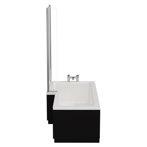 Loire 1700mm Left Hand L Shaped Shower Bath with Bath Screen and Matt Black Front and End Bath Panel Side View