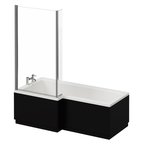 Loire 1700mm Left Hand L Shaped Shower Bath with Bath Screen and Matt Black Front and End Bath Panel Right Hand View