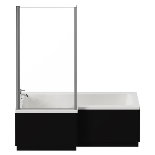 Loire 1700mm Left Hand L Shaped Shower Bath with Bath Screen and Matt Black Front and End Bath Panel Left Hand View