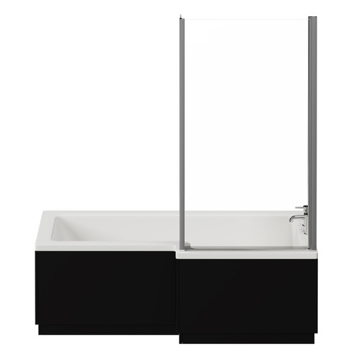 Loire 1700mm Right Hand L Shaped Shower Bath with Bath Screen and Matt Black Front and End Bath Panels Front View