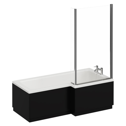 Loire 1700mm Right Hand L Shaped Shower Bath with Bath Screen and Matt Black Front and End Bath Panels Left Hand View