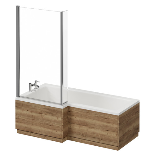 Loire 1700mm Left Hand L Shaped Shower Bath with Bath Screen and Tobacco Oak Front and End Bath Panel Front View