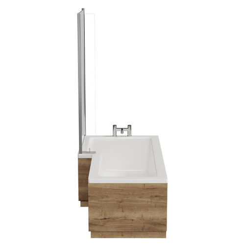 Loire 1700mm Left Hand L Shaped Shower Bath with Bath Screen and Tobacco Oak Front and End Bath Panel Side View