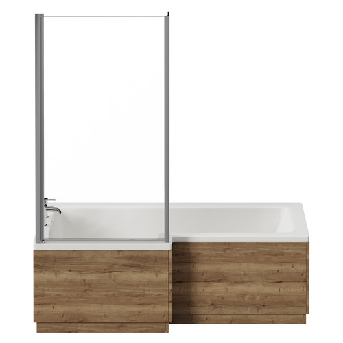 Loire 1700mm Left Hand L Shaped Shower Bath with Bath Screen and Tobacco Oak Front and End Bath Panel Right Hand View