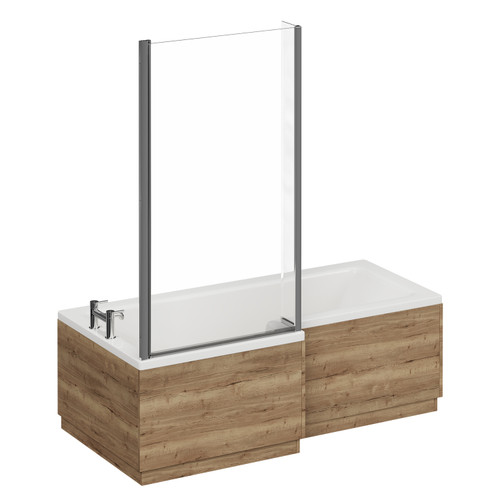 Loire 1700mm Left Hand L Shaped Shower Bath with Bath Screen and Tobacco Oak Front and End Bath Panel Left Hand View