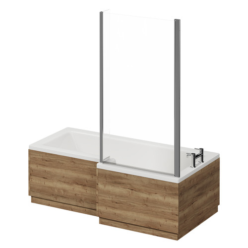 Loire 1700mm Right Hand L Shaped Shower Bath with Bath Screen and Tobacco Oak Front and End Bath Panel Right Hand View
