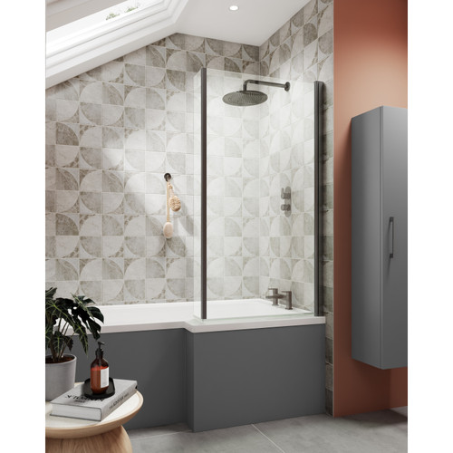 Nuie Pacific Brushed Pewter 815mm L Shaped Shower Bath Screen with Fixed Return - NSBS27 Lifestyle View