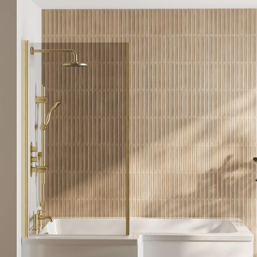 Nuie Pacific Brushed Brass 795mm L Shaped Shower Bath Screen with Fixed Return - NSBS78 Lifestyle