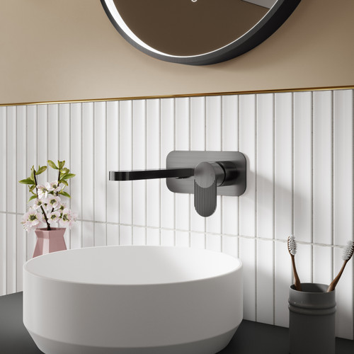 Nuie Cyprus Brushed Pewter Wall Mounted 2 Tap Hole Basin Mixer with Plate - BIN728F Lifestyle View