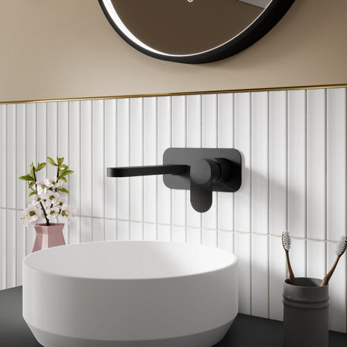 Nuie Cyprus Matt Black Wall Mounted 2 Tap Hole Basin Mixer with Plate - BIN428F Lifestyle View