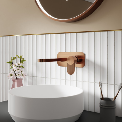 Nuie Cyprus Brushed Bronze Wall Mounted 2 Tap Hole Basin Mixer with Plate - BIN1528F Lifestyle View