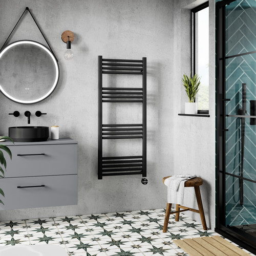 Nuie 1200mm x 500mm Matt Black Round Bar Electric Heated Towel Rail - MTY460 Lifestyle View