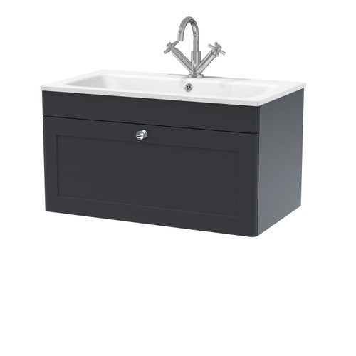 Nuie Classique Satin Soft Black 800mm Wall Hung Single Drawer Vanity Unit and White Stone Basin - CLC1496P Main Image
