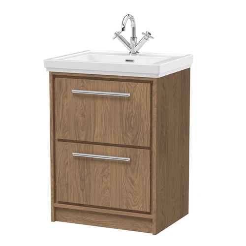 Hudson Reed Lille Antique Oak Woodgrain 600mm 2 Drawer Vanity Unit and Classic Fireclay Basin - LIL2733A Main Image